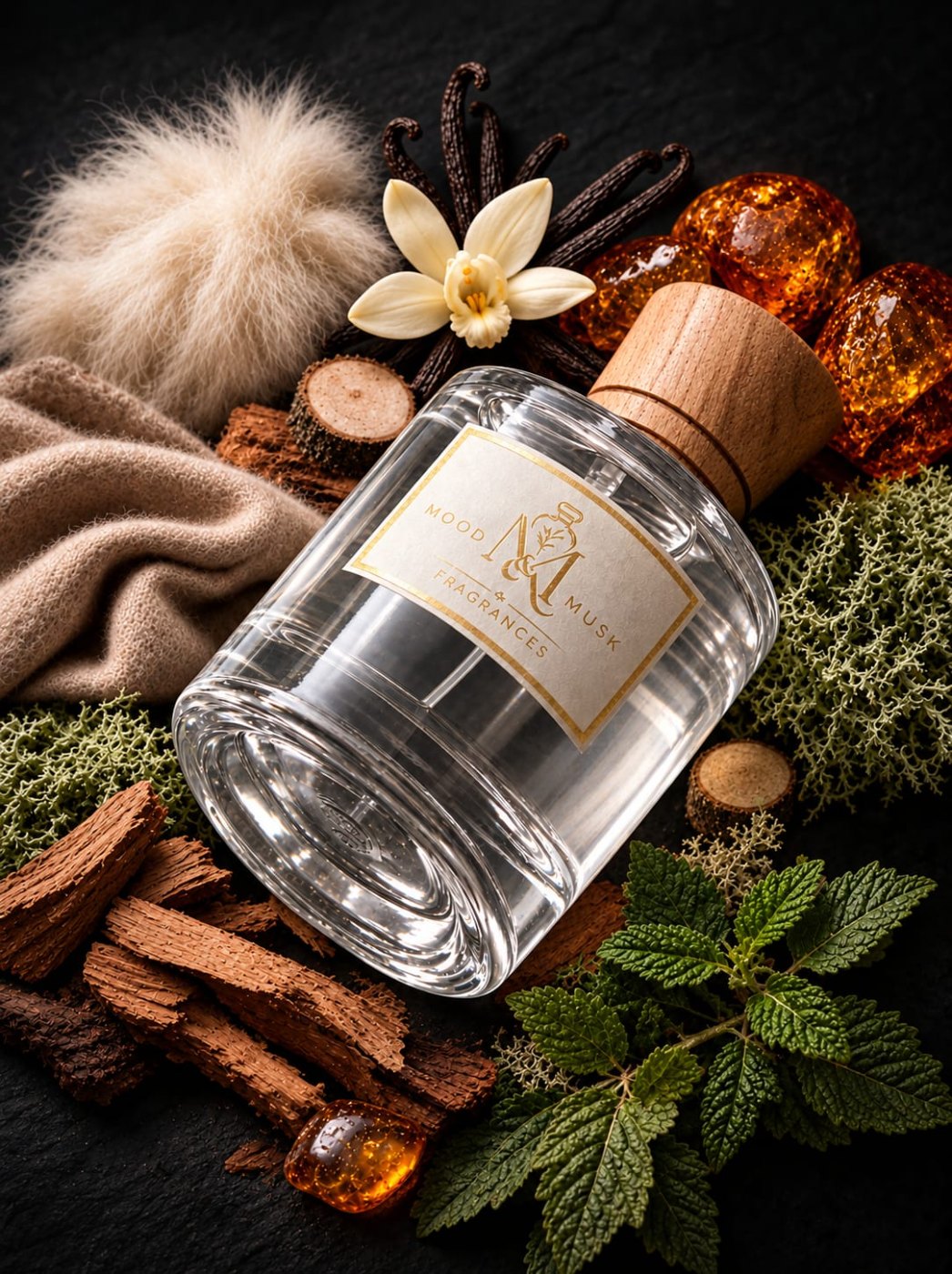 VANILLA BLUES Luxury Flacon Presentation — Angle 3 — MOOD & MUSK